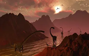 Omeisaurus: A herd of Omeisaurus dinosaurs in a prehistoric lake