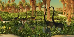 Titanosaurus: A herd of Omeisaurus dinosaurs at a watering hole