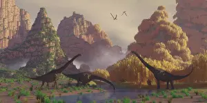 Sauroposeidon: A herd of Sauroposeidon dinosaurs drinking from a river