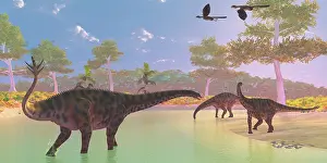 Urvogel: A herd of Spinophorosaurus dinosaurs drinking at a river