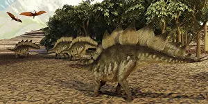 Terrible: A herd of Stegosaurus walk down a muddy riverbed