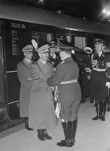Lehrter: Hermann Goring welcomes Adolf Hitler on his arrival at the L