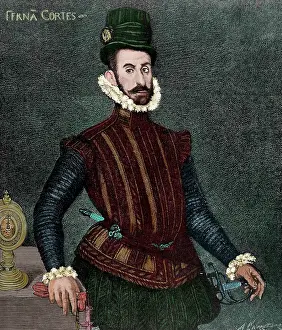 Conqueror: Hernan Cortes (1488-1547). Engraving. Colored