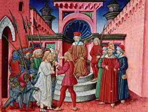Lancers: Herod interrogates Jesus. Codex of Predis (1476). Italy