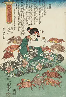 Kuniyoshi: Heroine reading surrounded by crabs