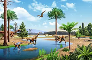 Conifer: Two Herrerasaurus dinosaurs chasing a Silesaurus down a ?