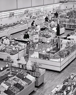 Meats: High Angle Interior View of Supermarket Grocery