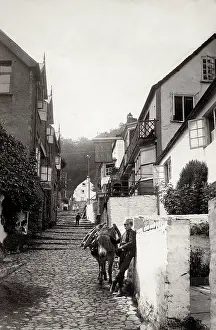 Buidling: High Street, Clovelly, Devon, boy with donkey