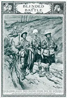 Blinded: Highlanders leading their blinded officer, WW1