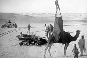 Piled: Highly loaded camel and tourists in the desert around Cairo