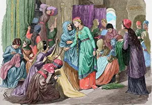 Abbess: Hilda of Whitby (614-680). Engraving. Colored