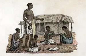 Ackermann: Hindu schoolmaster overseeing four boy pupils. 1822