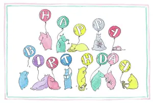Spelling: Hippos with Happy Birthday balloons