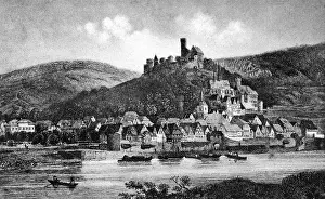 Neckar: Hirschhorn, view, drawing, 1820