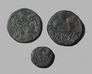 Empuries: hispano-roman coins. Top: aces. Obverse: head of