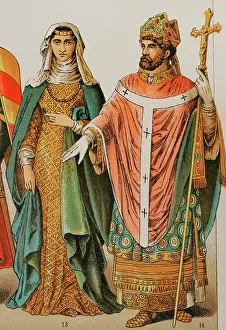 1200s: History of England, 1200. Lady and bishop. Chromolithography