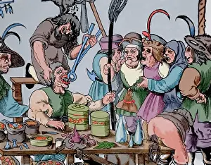 Tooth: History of medicine. Dentist. Middle Ages. Satire. Engraving
