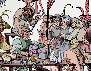 Tooth: History of medicine. Dentist. Middle Ages. Satire. Engraving
