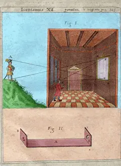Optics: History of Photography. Camera obscure. Engraving. Colored