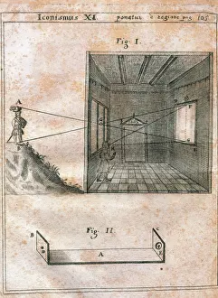 Optics: History of Photography. Camera obscure. Engraving