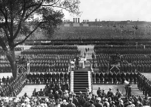 Divisions: Hitler speaks at the Tempelhofer Feld in Berlin on the 1