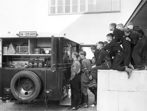 Transmit: Hitler Youth members at an outside broadcasting van of the B