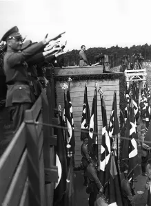 Functionaries: Hitler on the Zeppelinfeld during a speech, 1933