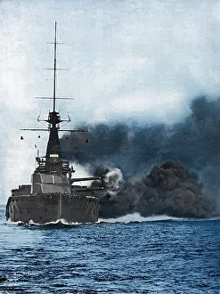HMS Monarch firing her broadside, August 1914