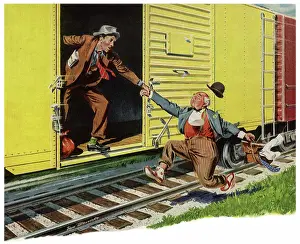 Struggling: Hobos Hop Freight Train