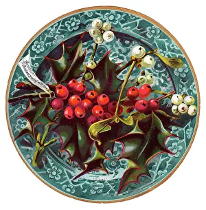 Victorian Christmas: Holly and mistletoe on a circular Christmas card