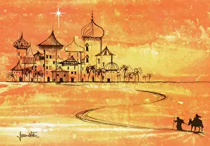 Bate: Holy Family approaching Bethlehem, with orange background