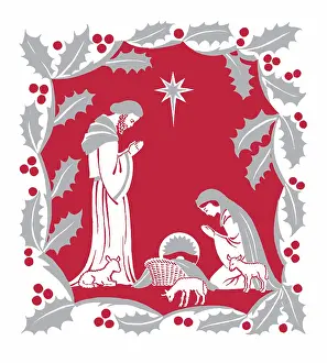 Lambs: Holy Family in holly frame