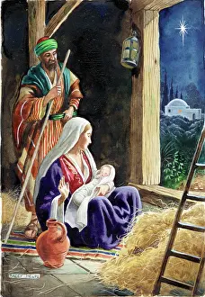 Jospeh: Holy Family in stable and star over Bethlehem