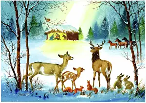 Fawn: Holy stable in snow with animals