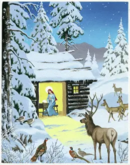 Pheasants: Holy Stable in snow with deer