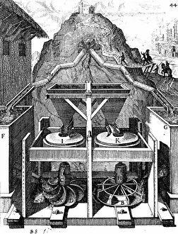 Curved: Two horizontal water wheels, the left with highly