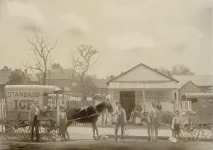 Refrigerators: Horse-drawn ice wagon and workers preparing ?