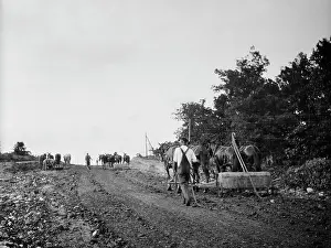 Grader: Horse Drawn Road Scrappers Working on Highway Constructio
