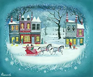 Shopkeepers: Horse-driven sleigh passing through village