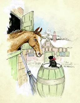 Poking: Horse and kitten looking at each other
