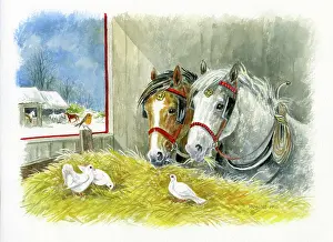 Shared: Two horses eating hay with three doves