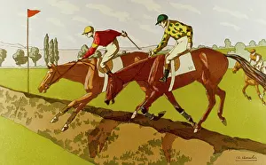 Jockeys: Horses and jockeys jumping a hedge