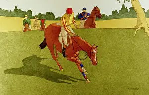 Jockeys: Horses and jockeys riding across a field