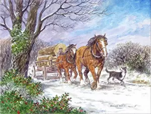 Horses pulling timber cart in snow