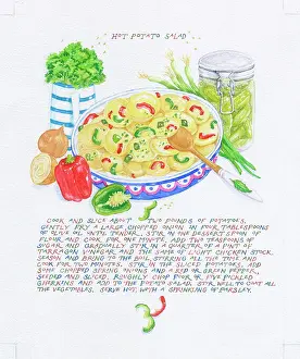 Sliced: Hot Potato Salad with jar of gerkins etc