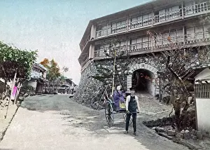 Hotel and rickshaw, Taradzuki, Kobe, Japan, circa 1890s