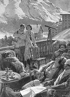 Engadine: A hotel terrace after lunch in St.Moritz, Switzerland