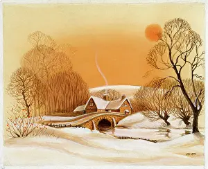Diakoff: House in the snow with bridge over river
