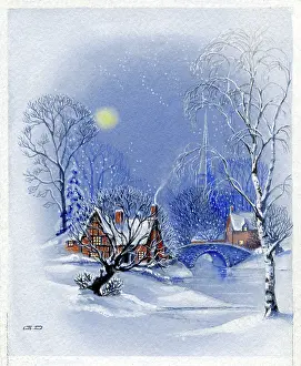 Diakoff: House, trees and bridge in the snow