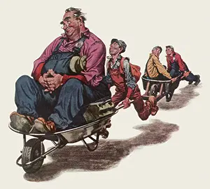 Pushed: Huge Man sits in Wheelbarrow pushed by Small Man